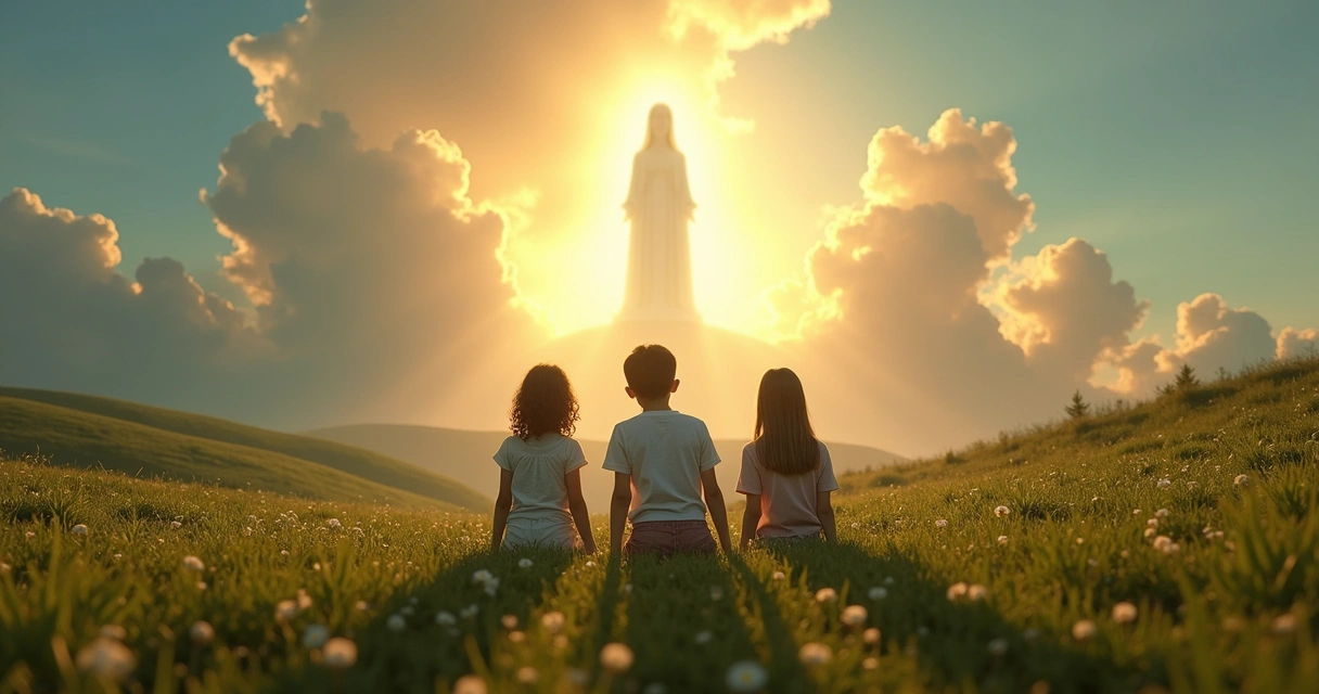 Crianças ajoelhadas em campo em Fátima olhando aparição luminosa 