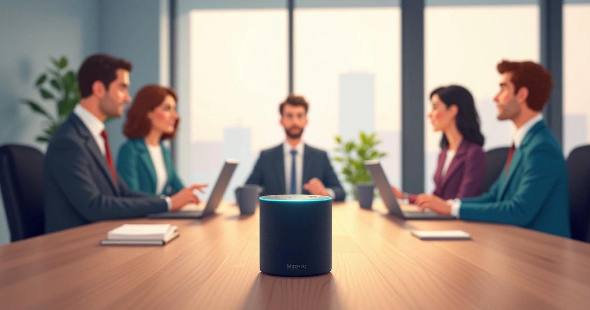 Dispositivo Alexa em uma mesa de reuniões enquanto profissionais discutem ao fundo. 