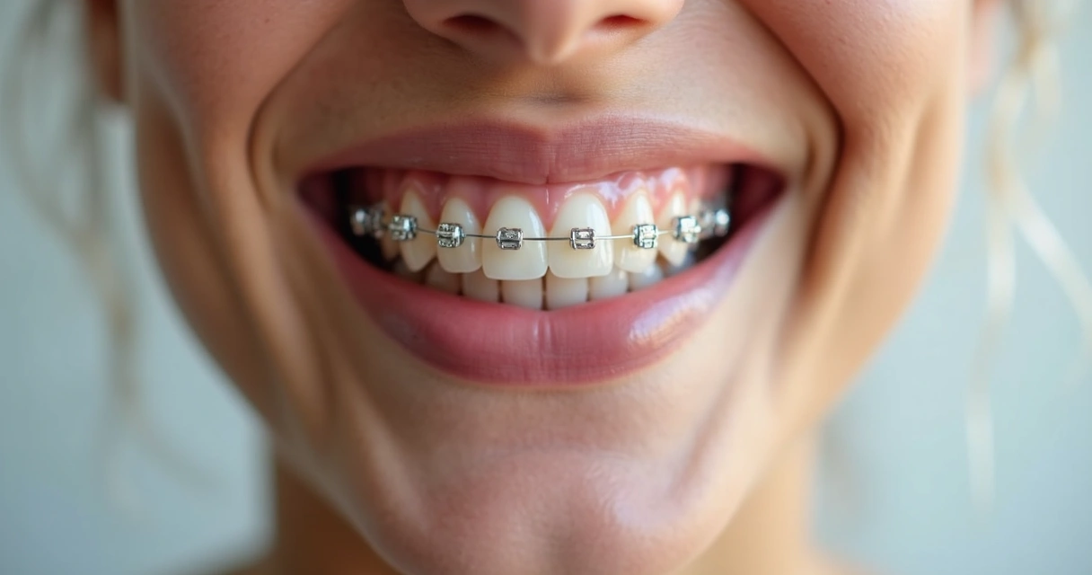 Sorriso com aparelho autoligado metálico em close 