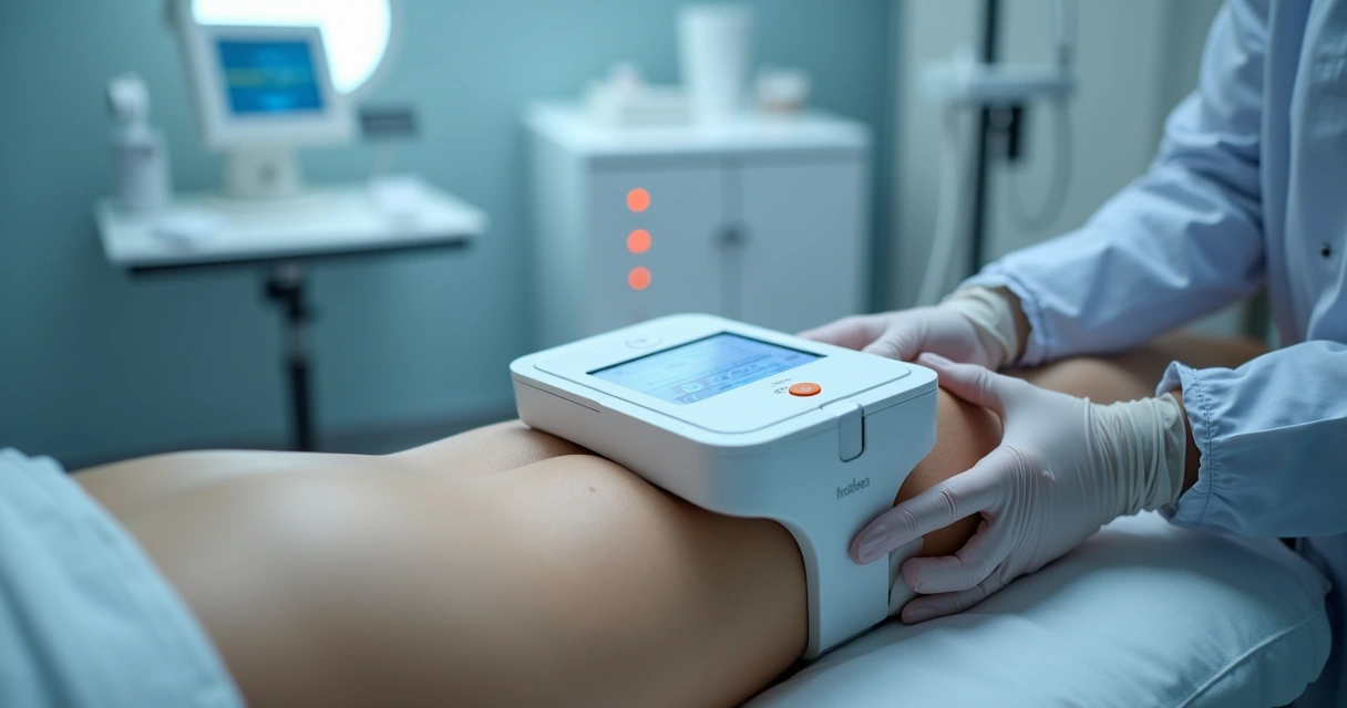 Detalhe de aparelho de criolipólise sobre a barriga de uma paciente 