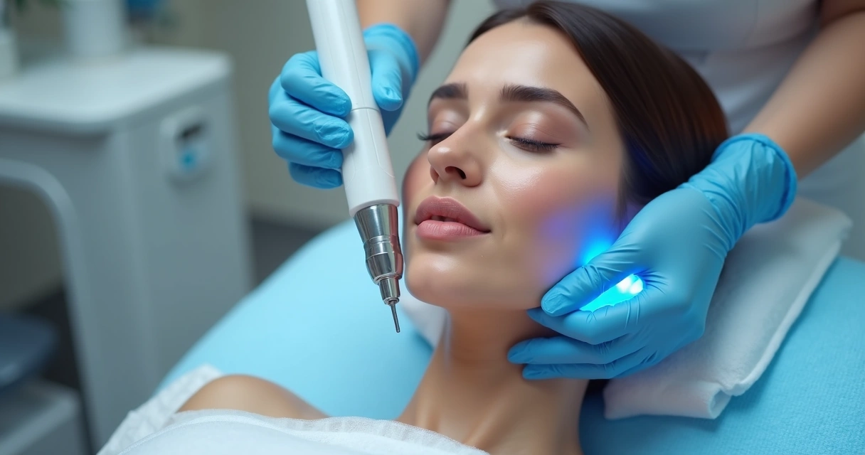 Aparelho de estética facial com luz azul em procedimento na bochecha de paciente 