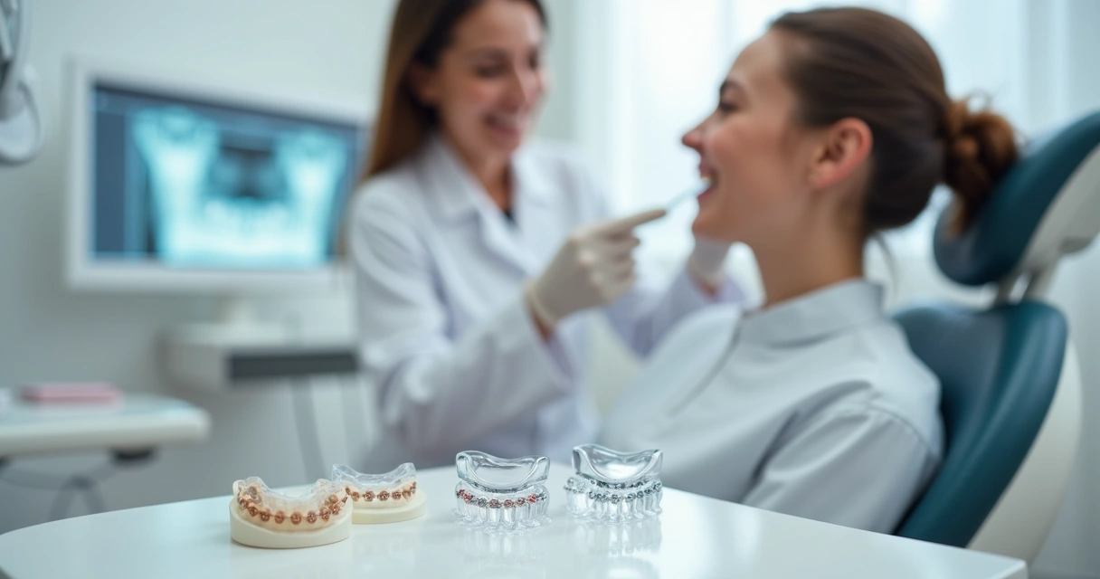Dentista mostra aparelho estético transparente em paciente sorrindo na cadeira odontológica 