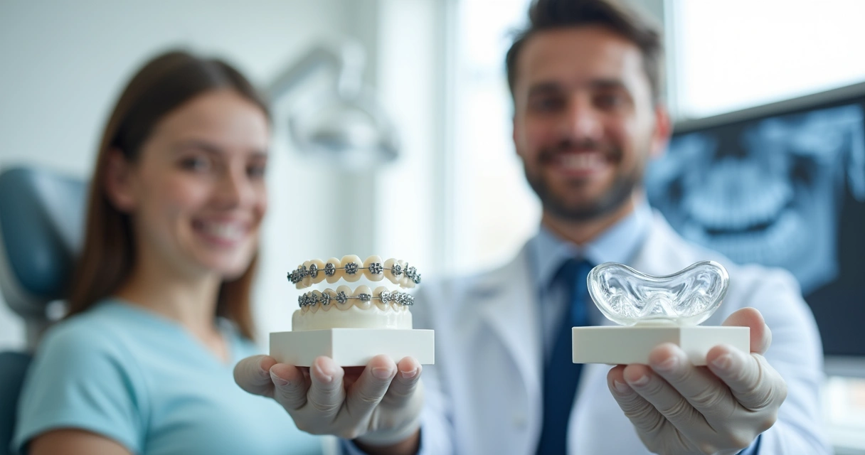 Dentista mostrando aparelho fixo e móvel para jovem paciente sorridente 