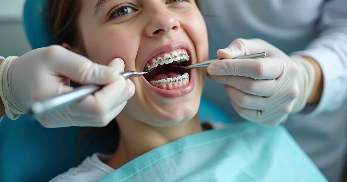 Adolescente em consultório com aparelho ortodôntico fixo 