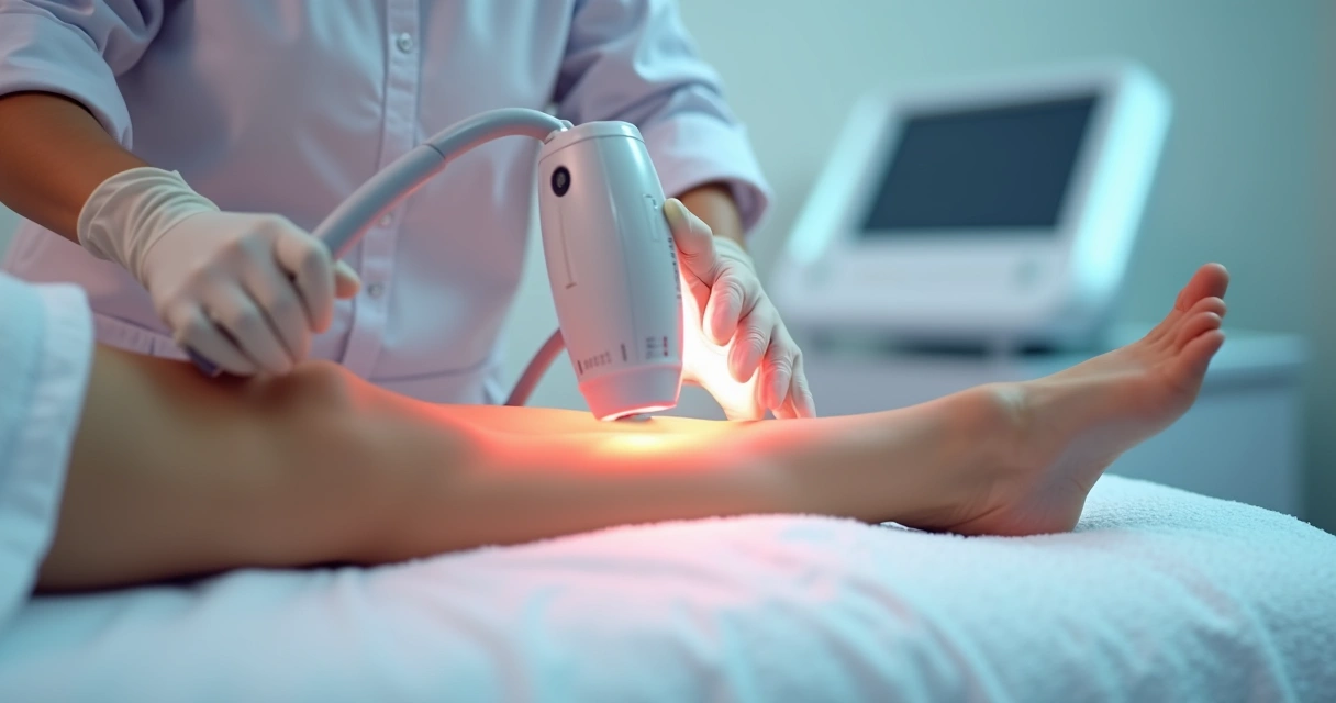 Profissional aplicando luz pulsada em perna de paciente 