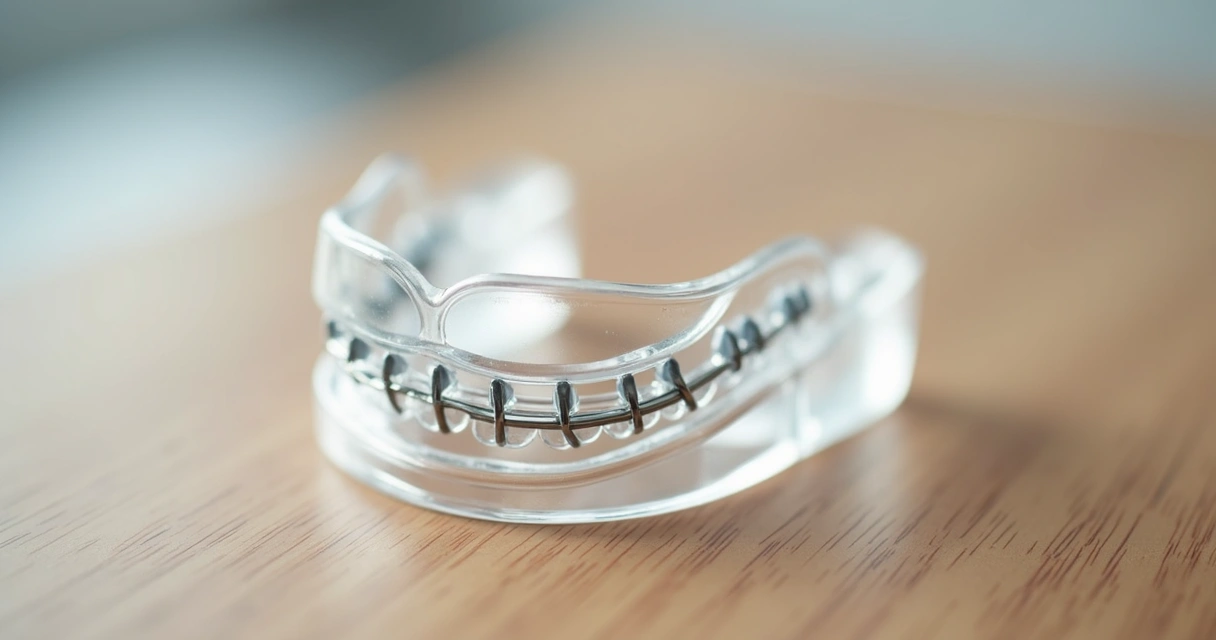 Aparelho ortodôntico móvel transparente sobre mesa de madeira clara 