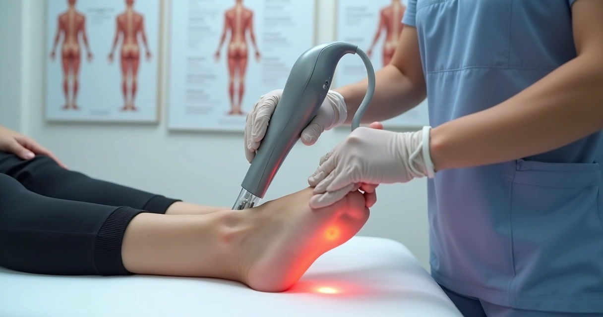 Aparelho aplicando terapia por ondas de choque em calcanhar 