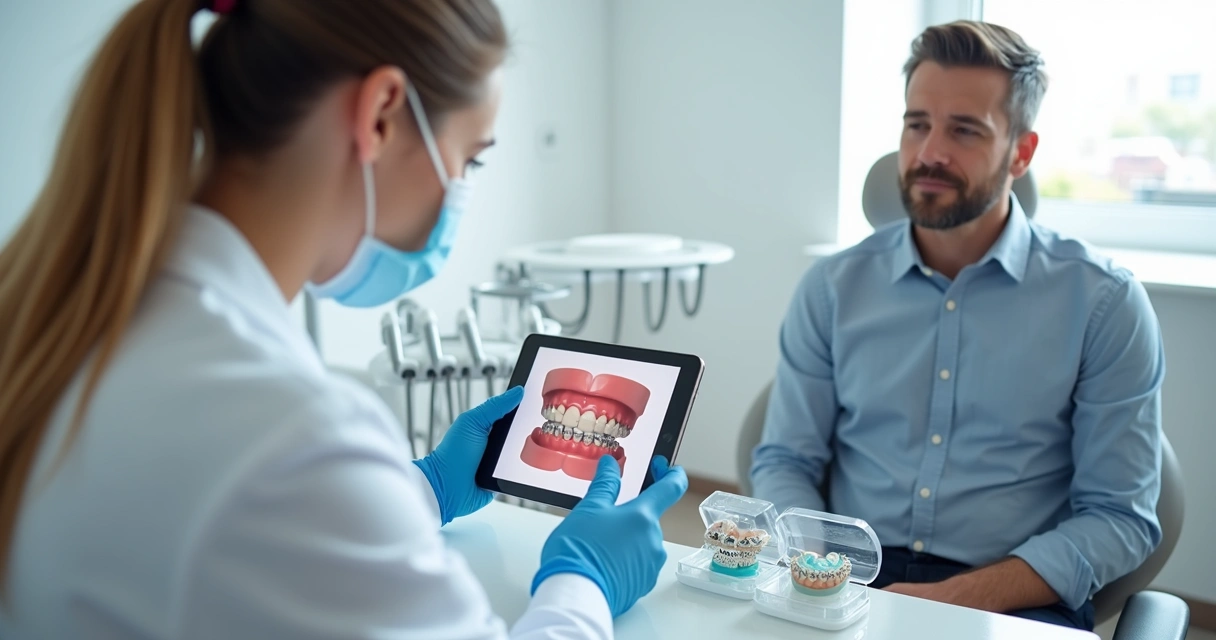 Dentista mostrando opções de aparelho ortodôntico para paciente em consultório moderno 