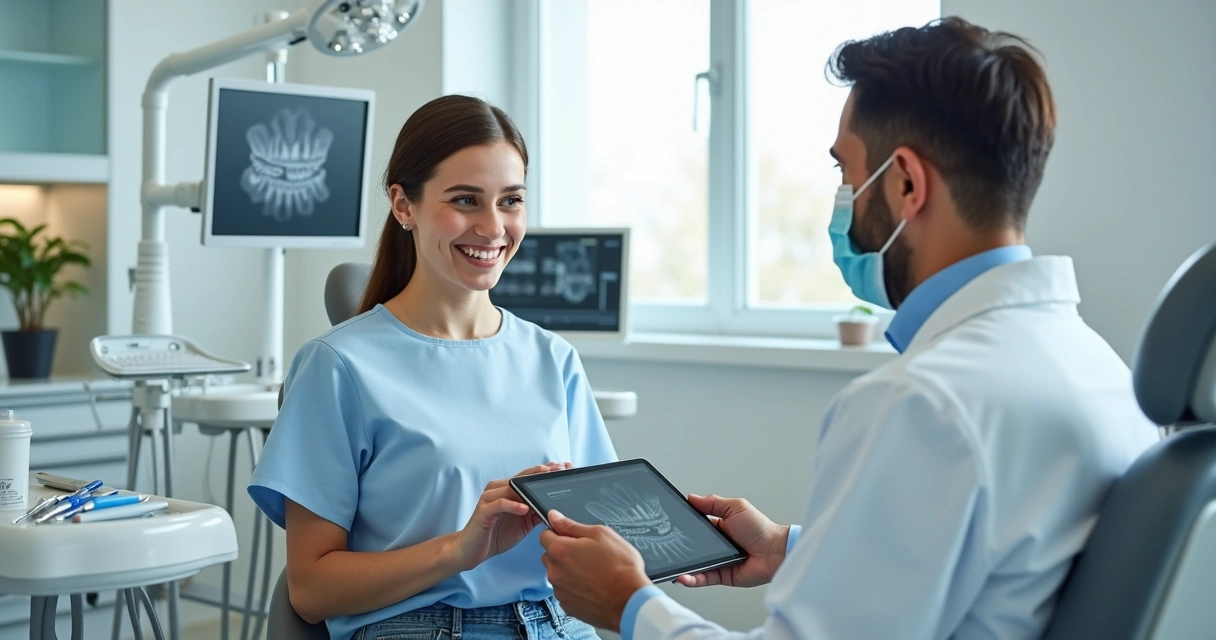 Paciente sorrindo durante consulta odontológica com aparelho ortodôntico em clínica moderna 