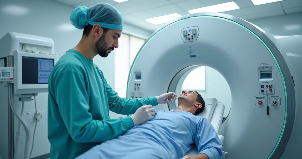 Equipamento de PET-CT moderno em sala de exame com técnico preparando paciente para procedimento oncológico 