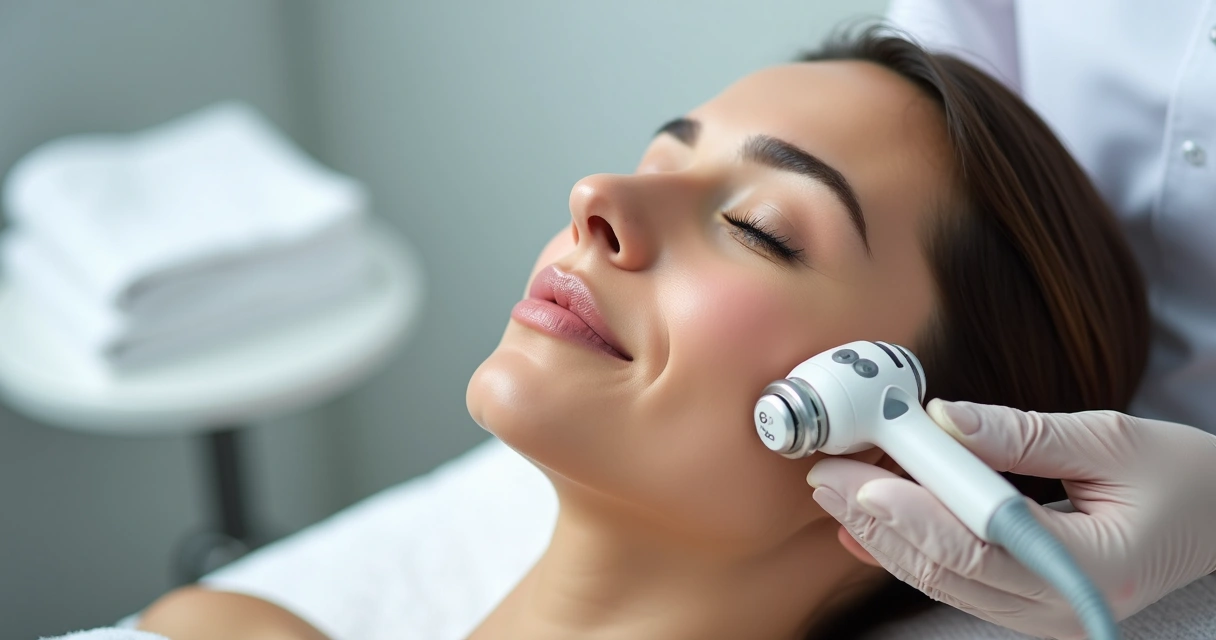 Aparelho de radiofrequência sendo posicionado na pele do rosto 