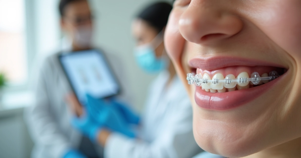 Close em sorriso com aparelho transparente moderno em consultório odontológico 