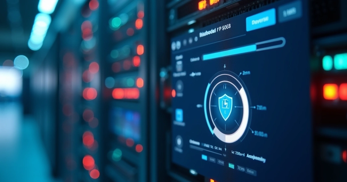Painel digital mostrando atualização automática de firewall UTM com barras de progresso e ícone de segurança 