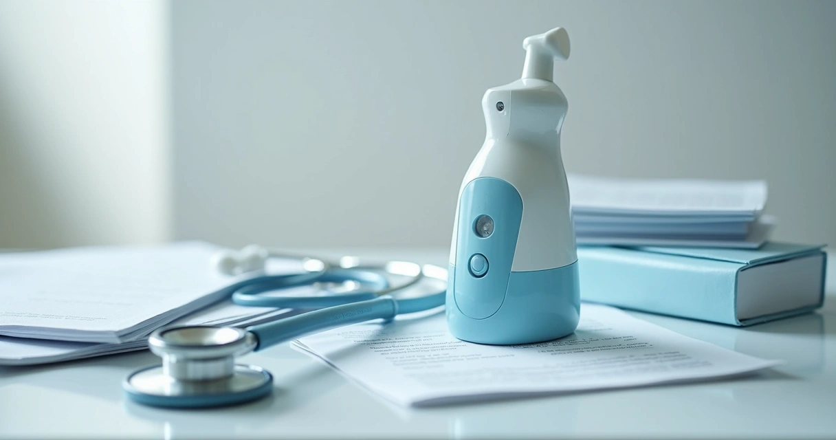 Dispositivo médico de uso domiciliar sobre mesa clínica
