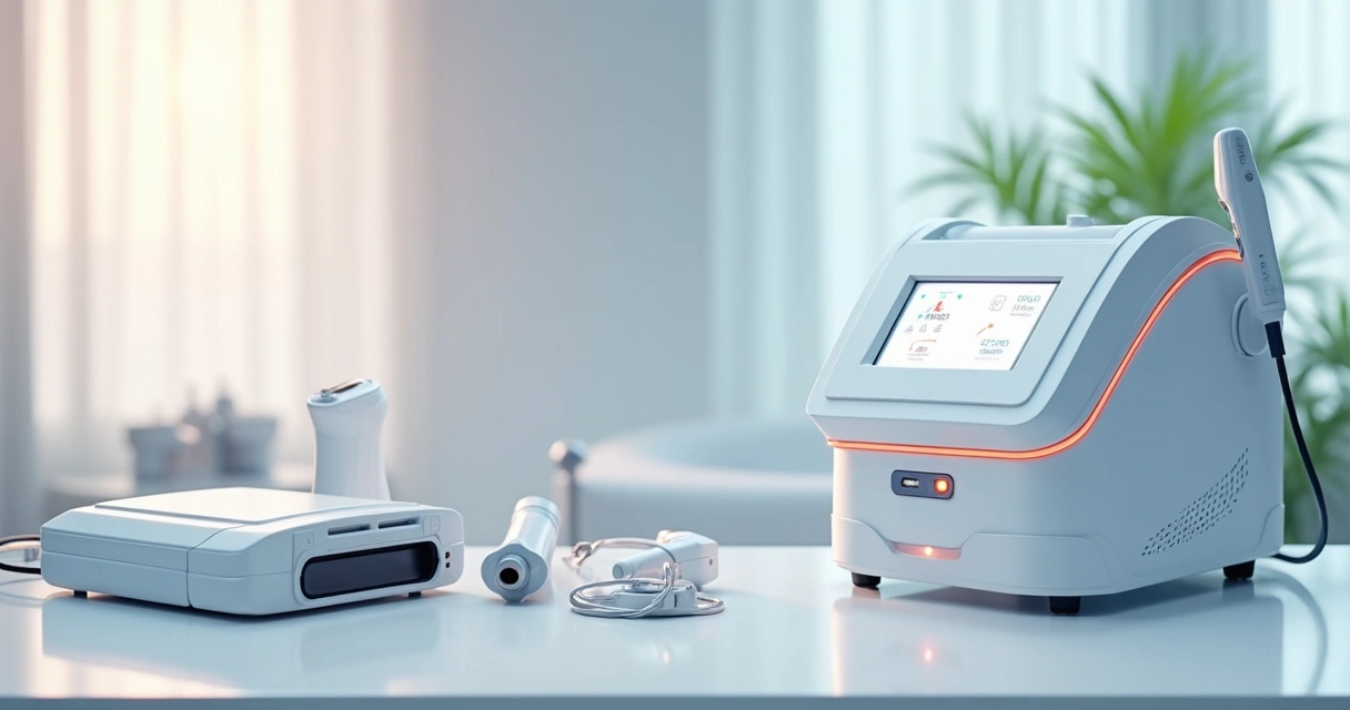 Diversos aparelhos de estética sobre mesa branca 