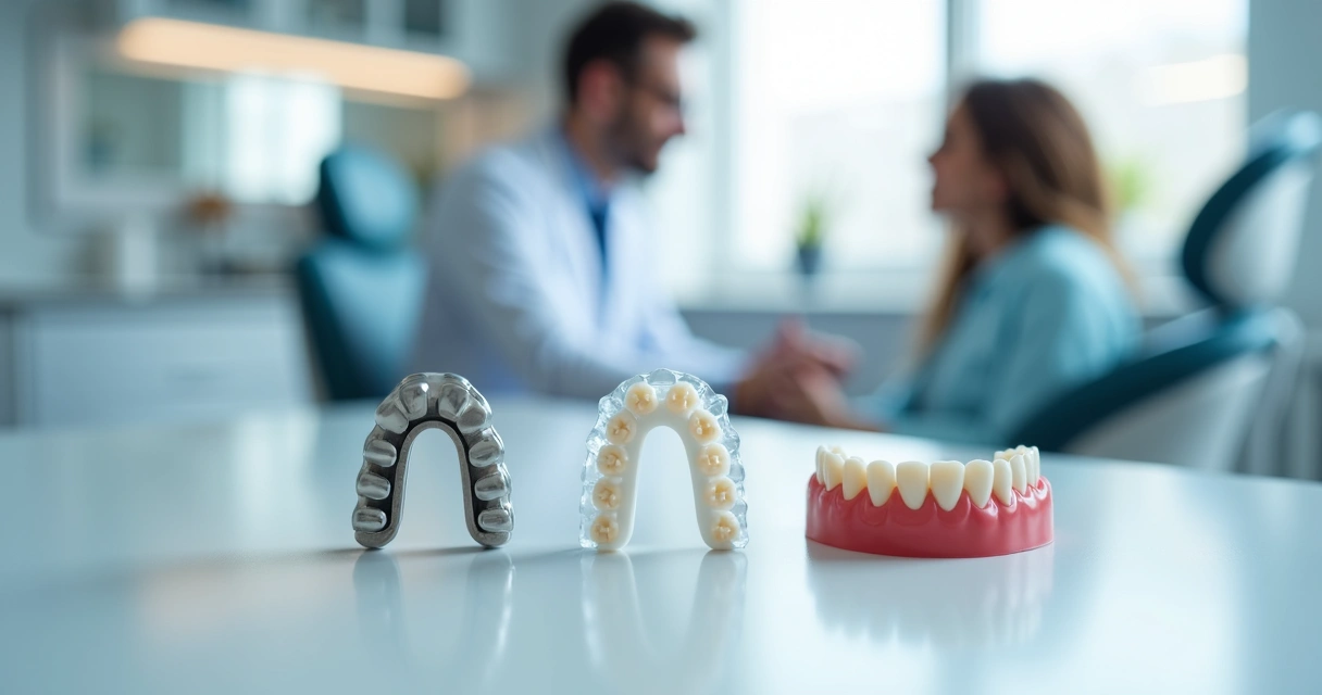 Diferentes tipos de aparelhos ortodônticos apresentados em uma bancada de clínica