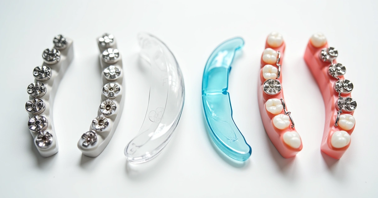 Vários tipos de aparelhos ortodônticos dispostos sobre superfície branca 