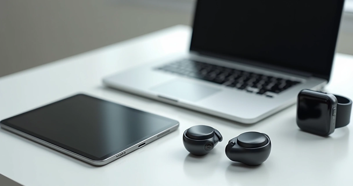 Vários gadgets de tecnologia organizados para aluguel sobre mesa 