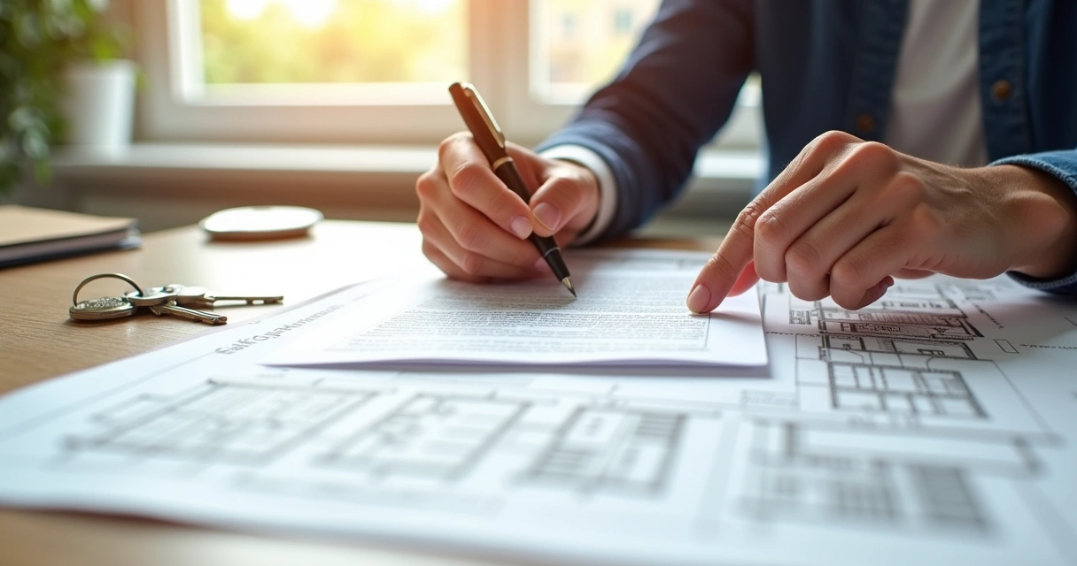 Pessoa assinando contrato de compra e venda de apartamento, detalhes de planta baixa e chaves 