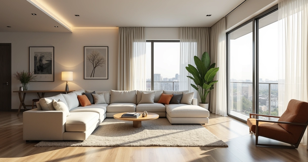 Sala de apartamento bem conservada, organizada e iluminada 