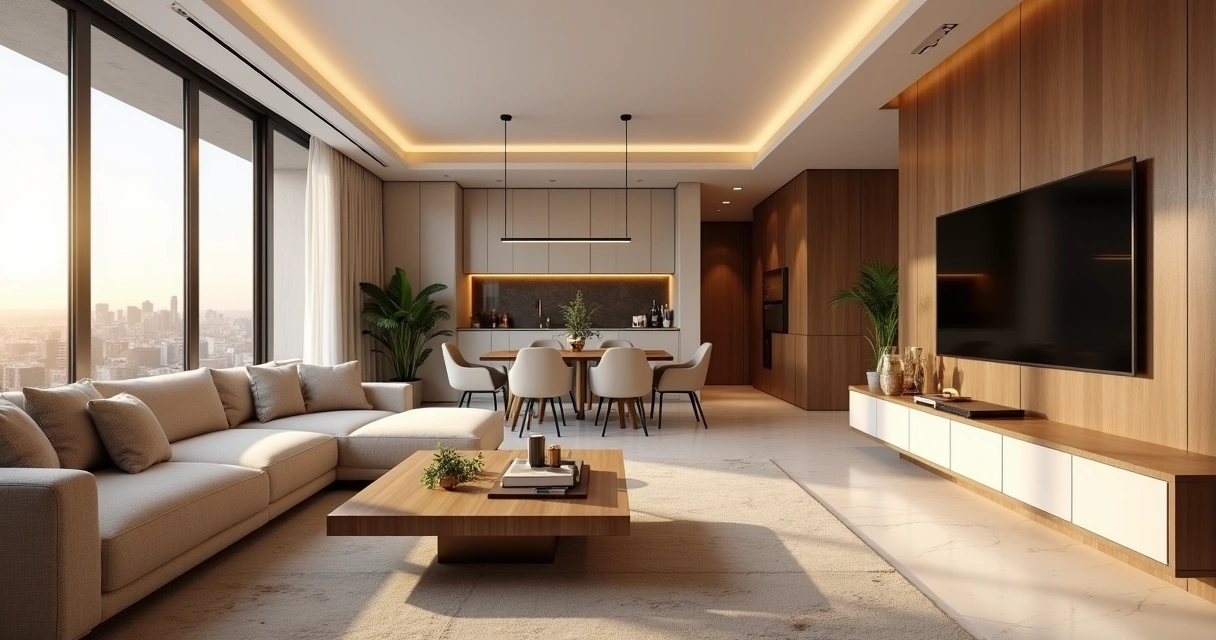 Sala de apartamento sofisticado em Belo Horizonte com vista urbana ao entardecer 