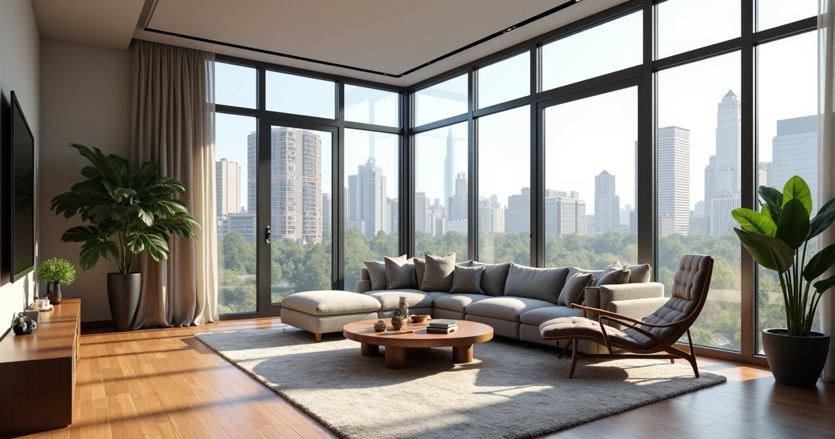 Sala de apartamento americana decorada, com vista para prédios e luz natural