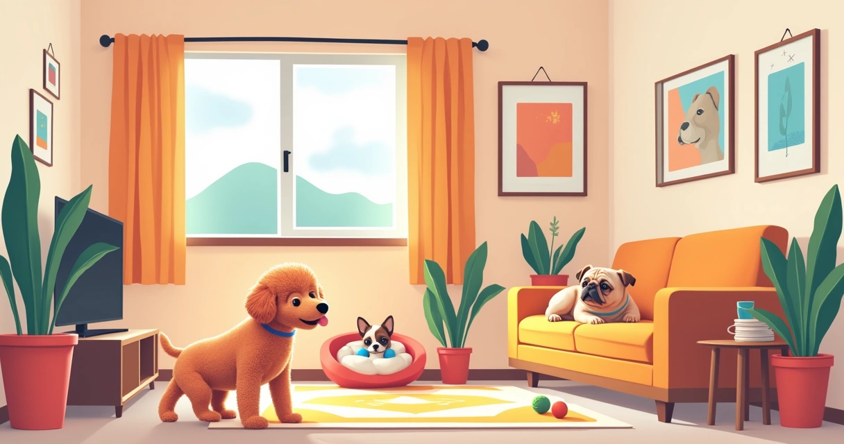 Ilustração de um apartamento com quatro pequenas raças de cães: Poodle Toy, Bulldog Francês, Chihuahua e Shih Tzu.