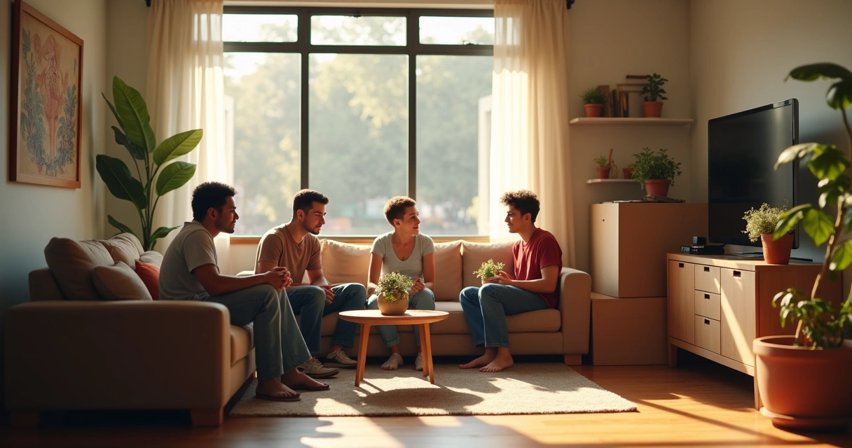 Sala de estar aconchegante com mobília simples e jovens conversando em um apartamento compartilhado 