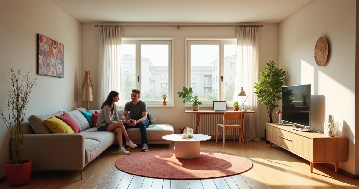 Sala de apartamento compartilhado com móveis simples em Brasília 