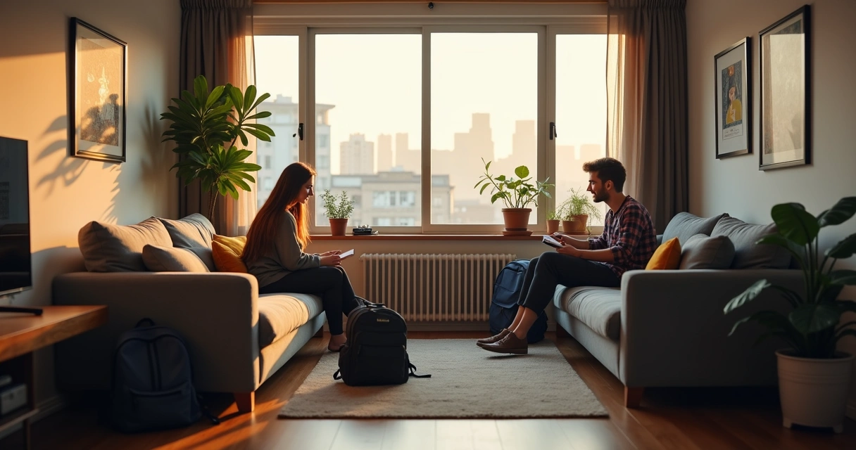 Sala de apartamento compartilhado por estudantes na Austrália, com móveis simples e mochilas espalhadas