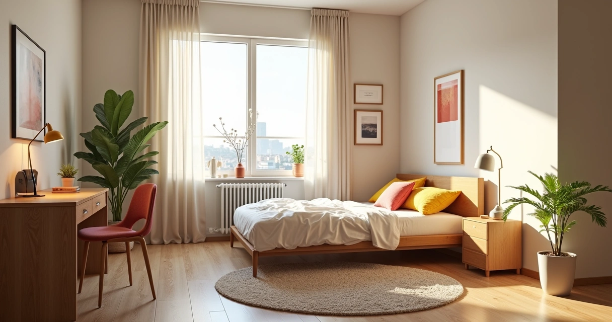 Quarto moderno em apartamento compartilhado com móveis claros e decoração leve 