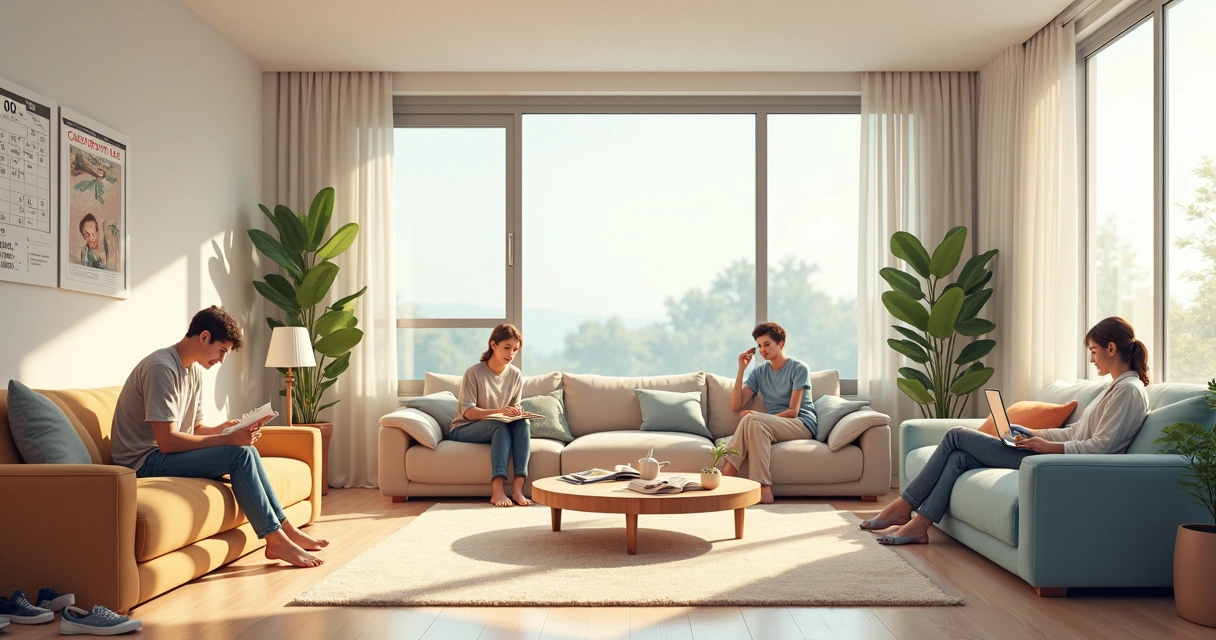 Vista interna de um apartamento com diferentes pessoas interagindo em seus espaços 