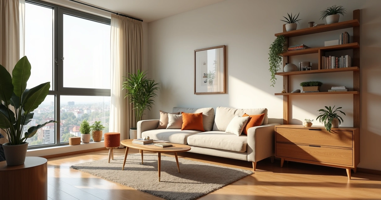 Sala de apartamento pequeno decorada com móveis funcionais e organização inteligente 