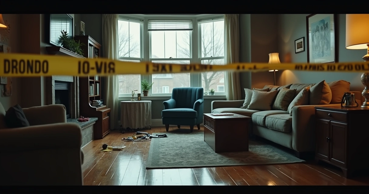 Interior de apartamento de alto padrão, cena de crime com fita isolando área 