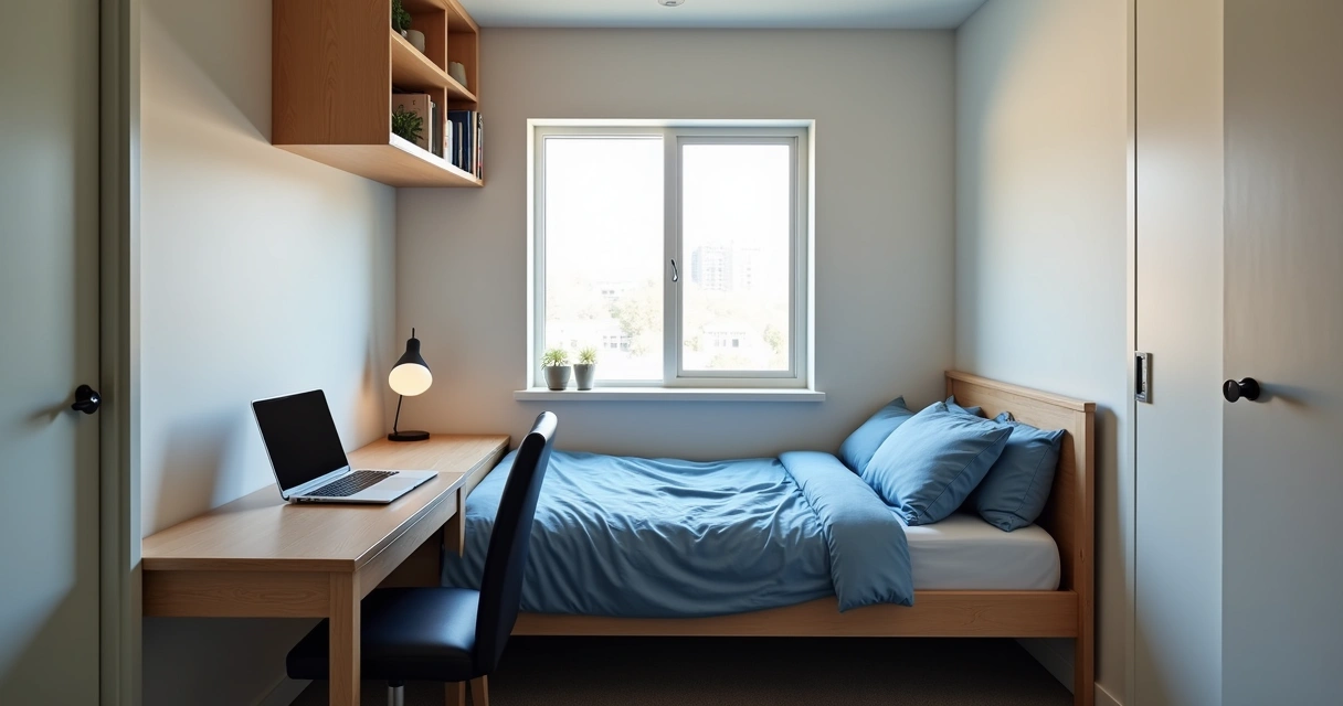 Quarto simples de apartamento estudantil na Austrália, cama, mesa e janela ao fundo