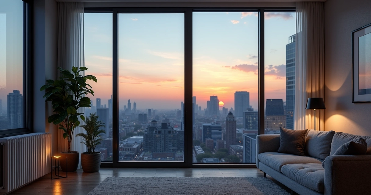 Vista de apartamento em cidade americana ao entardecer 