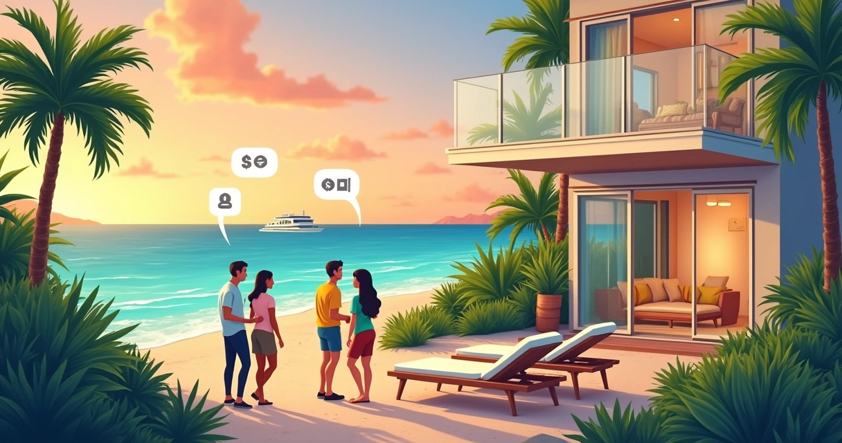 Ilustração de um apartamento de férias à beira-mar, simbolizando a multipropriedade com benefícios financeiros.