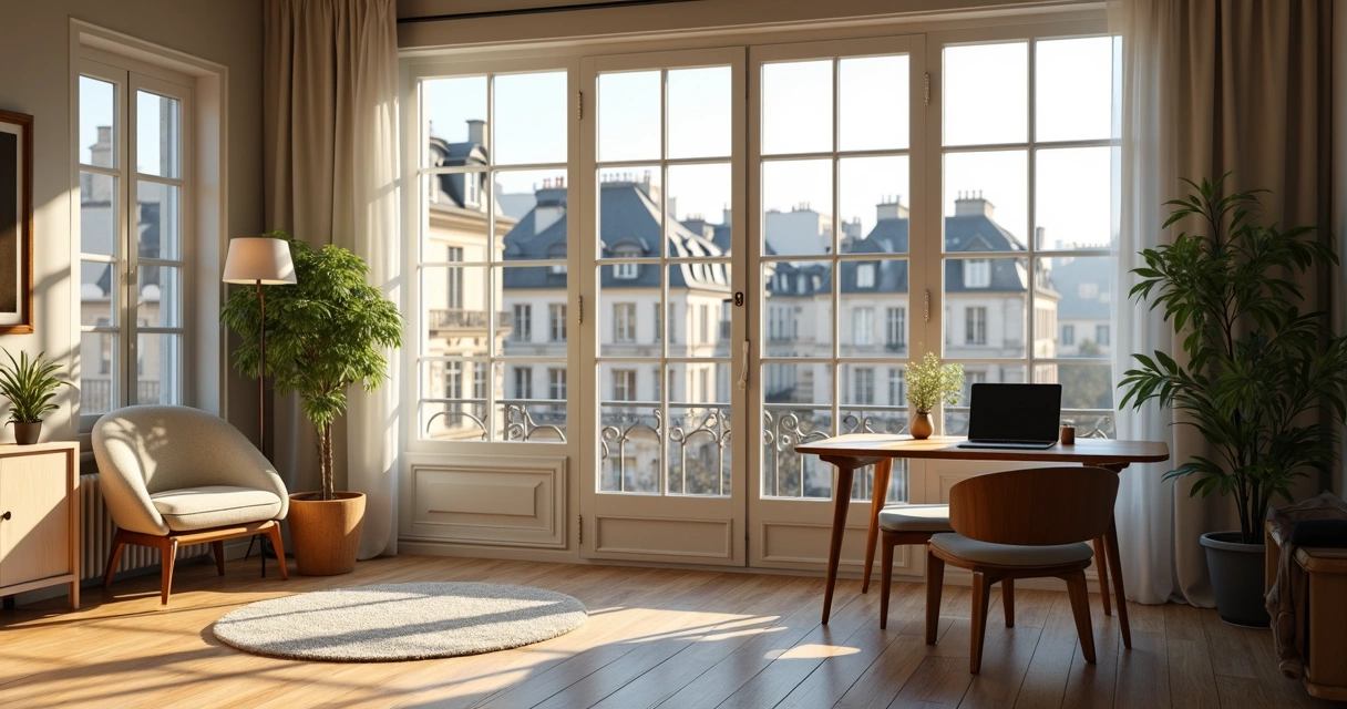 Sala de apartamento com vista para cidade francesa 