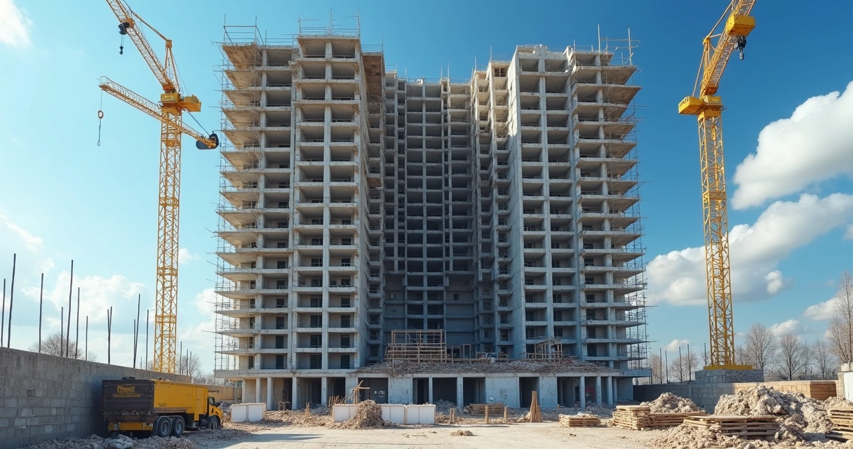 Construção de prédio residencial popular com guindaste e trabalhadores