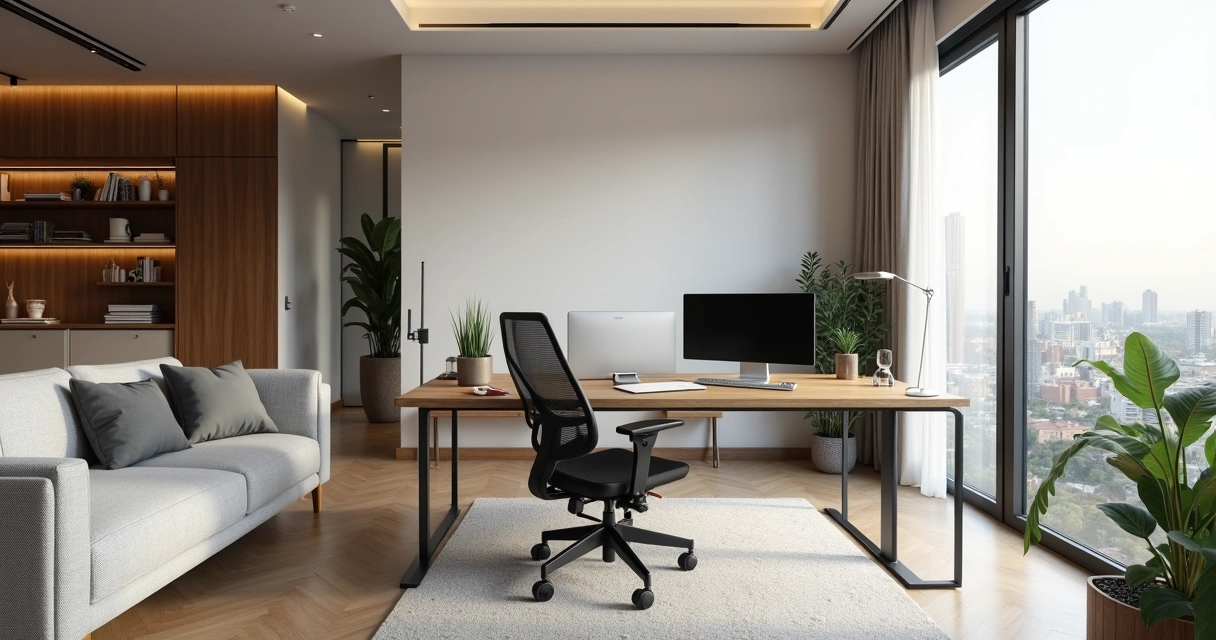 Sala de apartamento moderna com estação de home office integrada e luminosa 