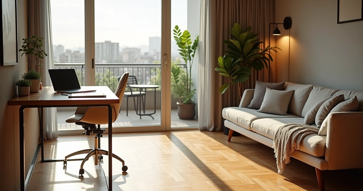 Home office integrado à sala com varanda ensolarada ao fundo 