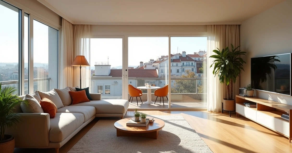 Sala de apartamento contemporâneo em Lisboa decorada e iluminada 