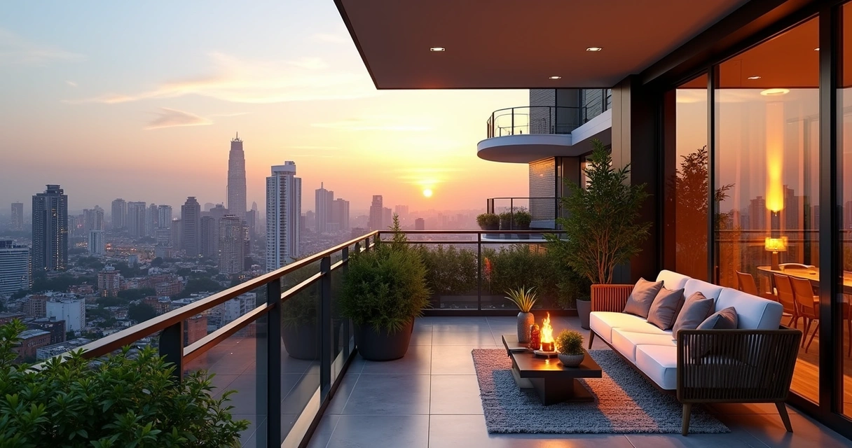 Varanda ampla de apartamento de luxo com vista panorâmica da cidade de São Paulo ao entardecer 