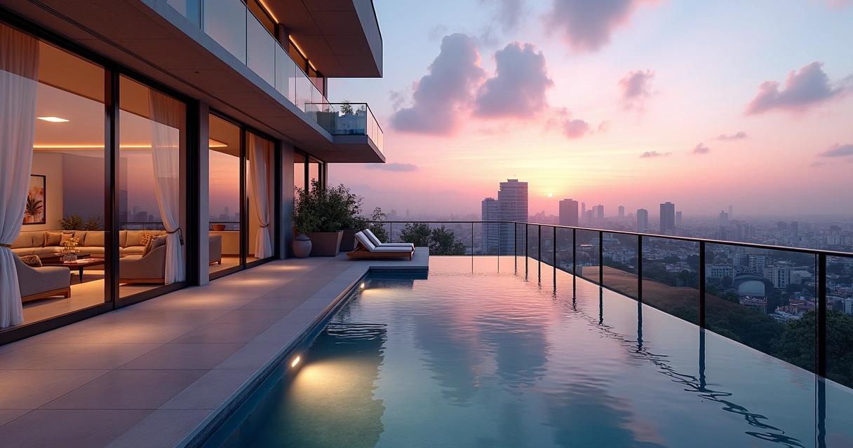 Apartamento de alto padrão com varanda ampla e piscina com vista para a cidade 