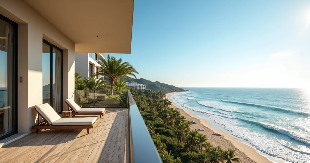 Varanda de apartamento luxuoso com vista para a praia de Jurerê Internacional