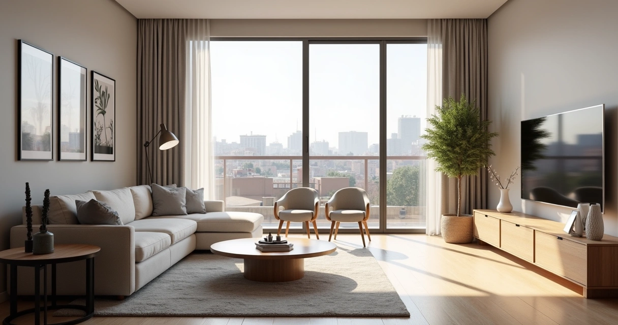 Sala de apartamento moderno em Madri com vista para a cidade 