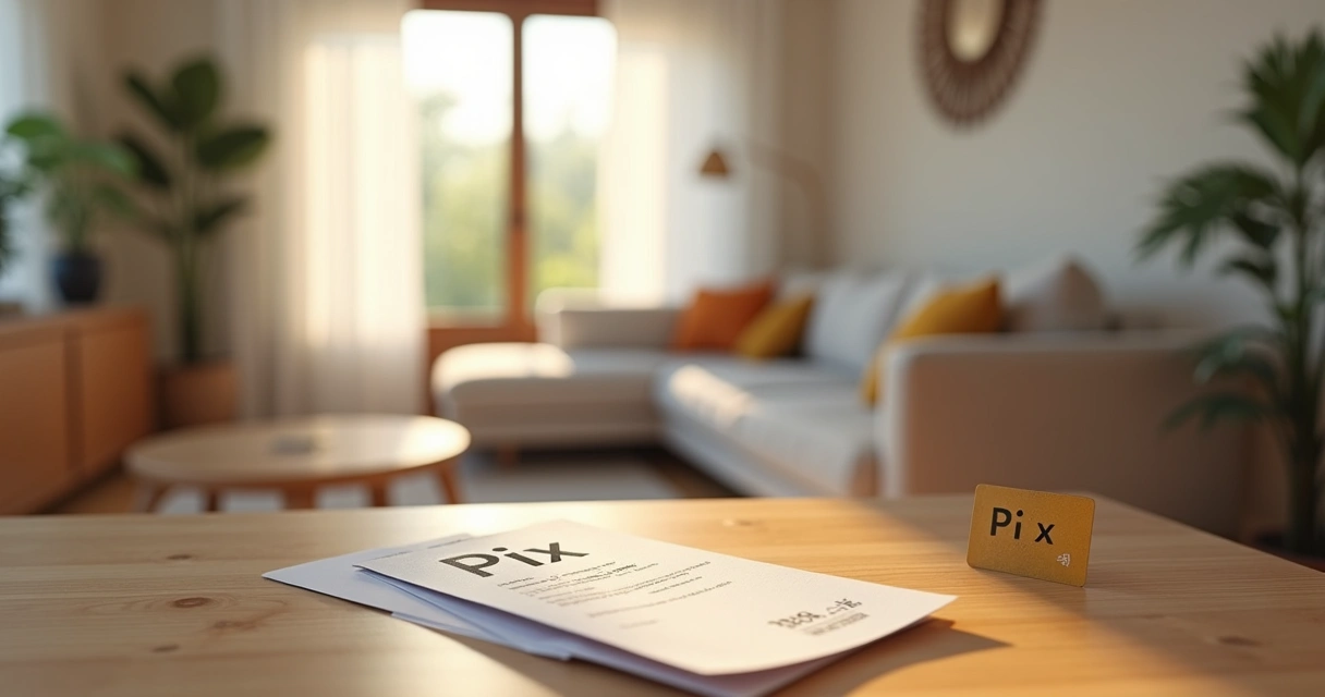 Sala moderna de apartamento com recibo de Pix e cartão de crédito sobre a mesa 