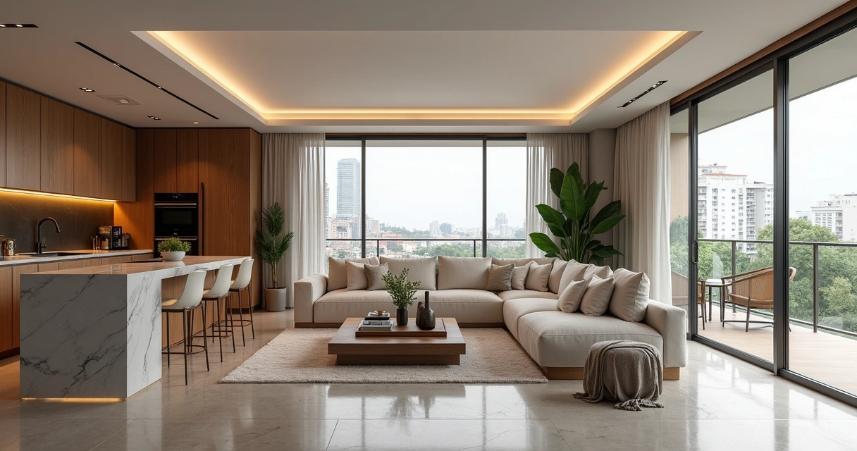 Sala integrada com varanda e decoração sofisticada 