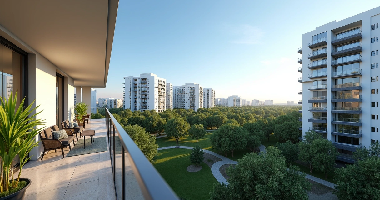 Apartamento moderno com varanda, vista para área verde e edifícios residenciais em Campinas 