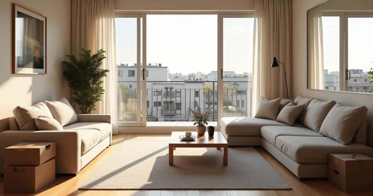 Sala de apartamento europeu moderna com móveis simples e janela grande 